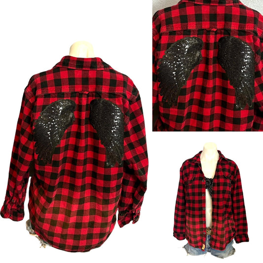 Angel Wings Plaid Flannel Shirt Shacket LARGE Oversize Unique Sequin Red Black