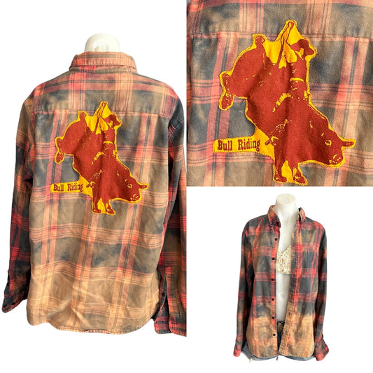 Cowboy Bull Riding Plaid Flannel Shirt LARGE Oversize Upcycle Unique Western