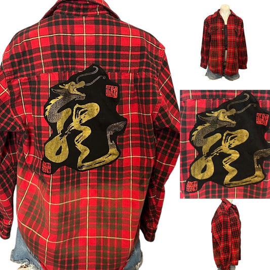 Chinese Dragon Plaid Flannel Shirt SMALL Oversized Shacket Upcycle Unique Red