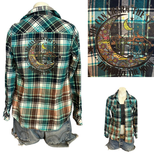 Desert Camping Flannel Plaid Shirt SMALL Oversized Unique Upcycled Gypsy Cowgirl