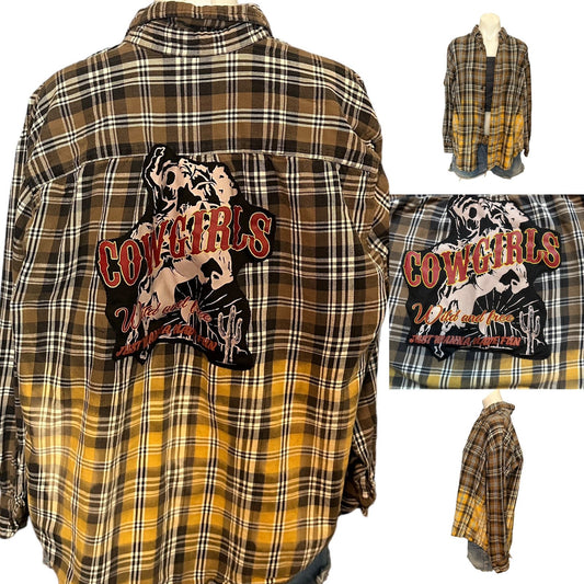 Cowgirls Just Wanna Have Fun Plaid Flannel Shirt LARGE Oversize Upcycle Unique