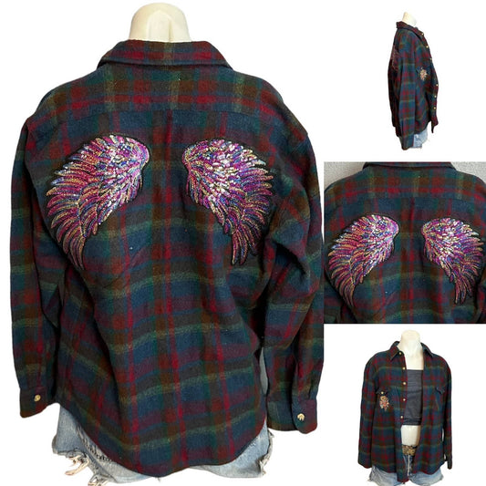Angel Wings Plaid Flannel Shirt Shacket LARGE Oversize Unique Sequin Purple Teal
