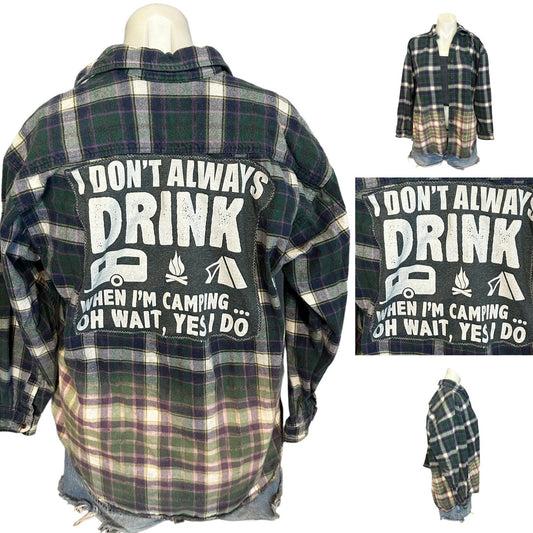 Camping Quote Funny Plaid Flannel Shirt Shacket LARGE Oversize Upcycle Unique