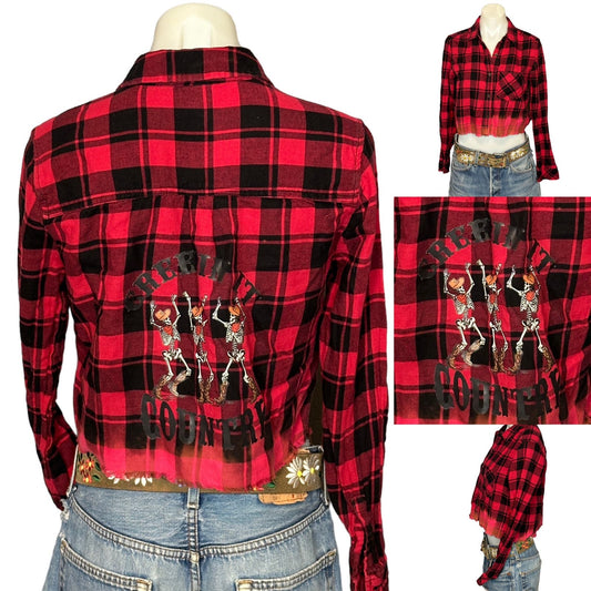 Cowboy Skelton Flannel Plaid Shirt Shacket Crop Top SMALL Oversize Unique Red