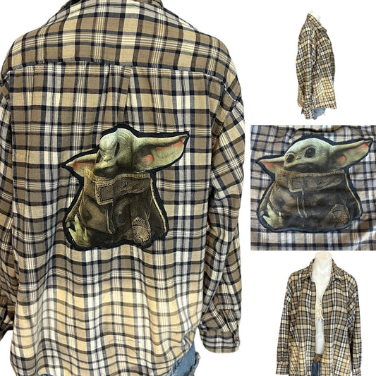 Baby Yoda Flannel Plaid Shirt Shacket XL Oversized One of Kind Upcycled Brown