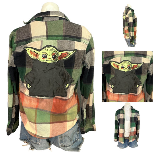 Baby Yoda Plaid Flannel Shirt Shacket XS Oversized One of Kind Upcycled Green