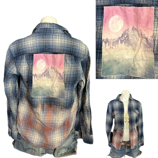 Camping Plaid Flannel Shirt Shacket XS Oversize Mountain Sunset Full Moon Blue