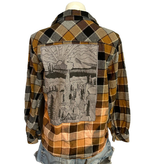 Camping Plaid Flannel Shirt Shacket Brown SMALL Oversize Mountain Outdoor Unique