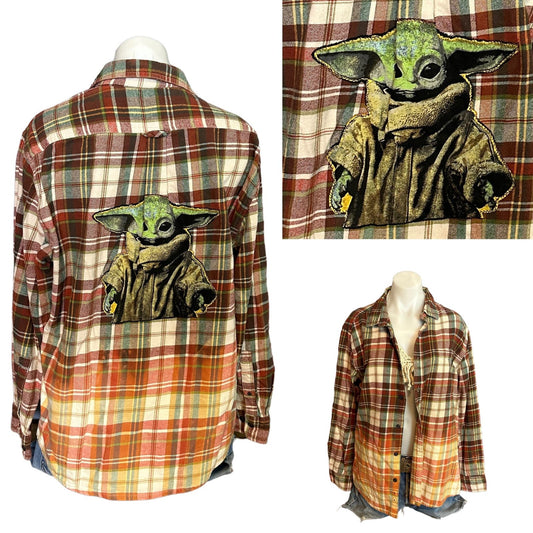 Baby Yoda Plaid Flannel Shirt Shacket Large Oversize Upcycle Unique Star Wars