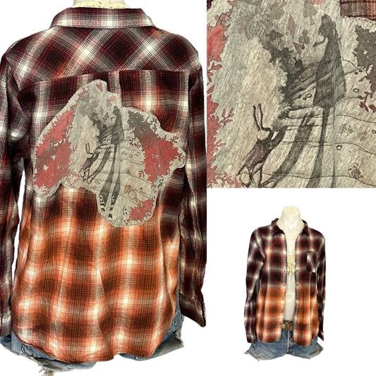 Alice in Wonderland Flannel Plaid Shirt Shacket XL Red Oversize Unique Upcycled